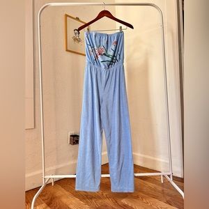 Vintage 70s TerryCloth Light Blue Floral Jumpsuit Size Medium